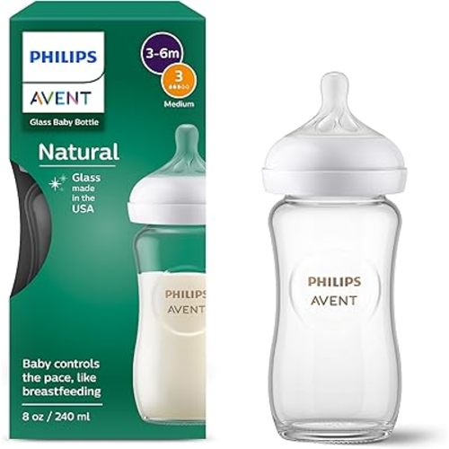 Philips Avent Natural Glass Baby Bottle with Natural Response Nipple (Medium Flow, Flow 3), 8oz, SCY913/01