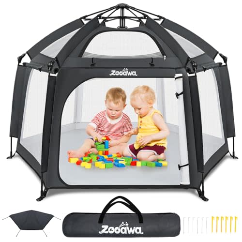 Zooawa Pop Up Playpen for Baby, Portable Playpen for Babies and Toddlers with Removable Sun-Shades& 2 Side UV Covers, Lightweight Outdoor Baby Play-Pen for Beach Home with Travel Bag, Black