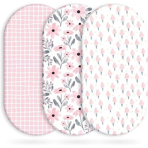 Yoofoss Bassinet Sheets Baby Girl Boy, Fitted Bassinet Sheet Set 3 Pack Universal Fit for Cradle Moses Basket Oval Rectangle Round Hourglass Mattress,Soft Breathable (Pink+Floral)