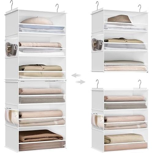SONGMICS Hanging Closet Organizer, 6-Tier Fabric Storage Shelf, Separable Closet Hanging Shelf with Side Pockets, Foldable, Metal Hooks and Bamboo Inserts, Cloud White URCH007W01