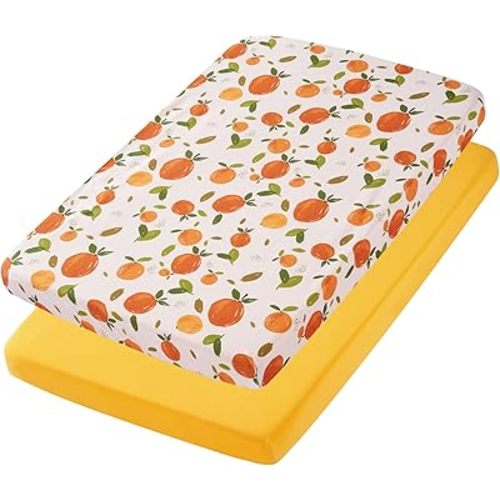 TILLYOU Mini Crib Sheets Fitted 2 Pack, Pack and Play Sheets for Toddler Mattress, Soft and Breathable 38”x 24” Pack n Play Mattresses Cover, Orange Flavour & Orange