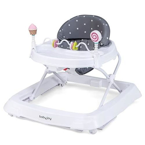 Baby Walker, Foldable Activity Walker Helper with Adjustable Height, Baby Activity Walker with High Back Padded Seat & Bear Toys (Gray, Star Pattern)