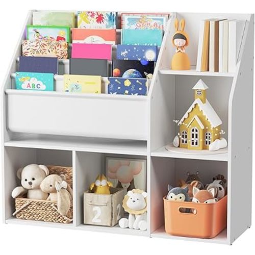 Kids Bookshelf and Toy Storage, Toy Storage Organizer with Bookshelf, Book Shelf for Kids Room, 5-Tier Sling Bookcase, for Kids Room, Living Room, Playroom, Nursery, White KBWT8201