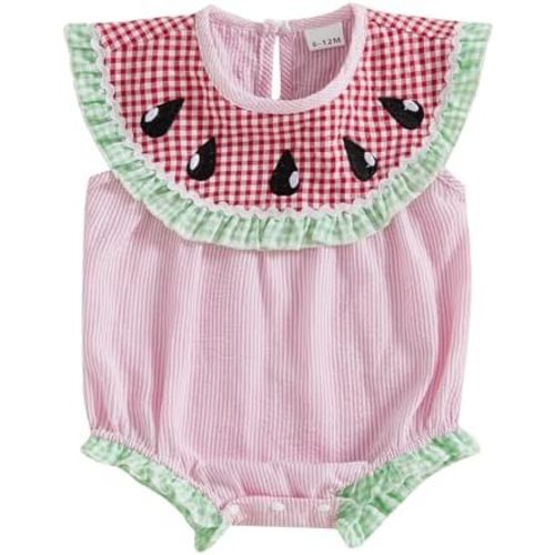 Baby Girl Watermelon Romper Sleeveless Ruffle Smocked Bubble Bodysuit with Pockets Cute One Piece Summer Outfits
