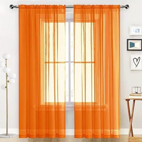 SpaceDresser Basic Rod Pocket Sheer Voile Window Curtain Panels Orange 2 Panels 52 Width 84 Inch Long for Kitchen Bedroom Children Living Room Yard(Orange,52 W x 84 L)