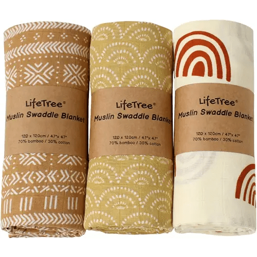 LifeTree Muslin Swaddle Blankets Newborn - 3 Pack Soft Viscose from Bamboo Cotton Baby Swaddle Blankets Unisex for Boys & Girls - Lightweight Breathable Baby Receiving Blankets, Large 47 x 47 inches