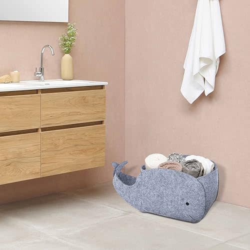 Storage Basket Felt Storage Bin Whale Shaped Collapsible & Convenient Box Organizer with Carry Handles for Home Bedroom Closet Babies Nursery Toys (Large)