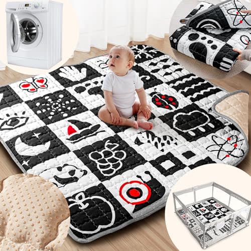 Beavtaens Baby Play Mat, 50x50 Playpen Mat with Super Soft Touch, Activity Mat with Upgraded Anti-Slip Bottom, Machine Washable Crawling Mat for Floor & Picnic (High Contrast)