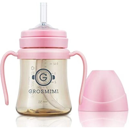 GROSMIMI Spill Proof no Spill Magic Sippy Cup with Straw with Handle for Baby and Toddlers, Customizable, PPSU, BPA Free 6 oz (Pink)