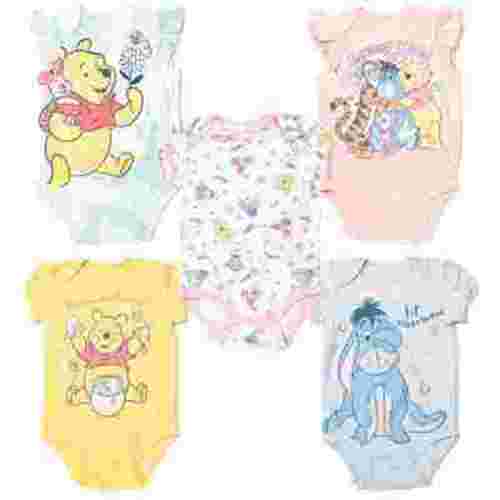 Disney Winnie the Pooh Eeyore Tigger Newborn Baby Girls 5 Pack Bodysuits Newborn to Infant