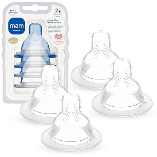 MAM Baby Bottle Nipples Medium Flow Size 2, for 2+ Month Babies, Skin Soft BPA Free Silicone, 94% Nipple Acceptance, Fits All MAM Bottles, Developed with Medical Experts, 4 Pack, Made in Europe