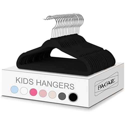 BAGAIL Kids Velvet Hangers 14” Inch Children's Clothes Hangers Non-Slip Baby Hangers for Infant/Toddler (Black,50pack)