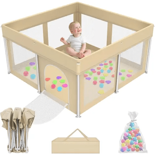 Foldable Playpen for Babies and Toddlers,50"×50" Collapsible Play Pen with 50 Ball Pit Balls, Portable Indoor & Outdoor Play Yard, Baby Fence with Carry Bag, Mat Not Include, Beige