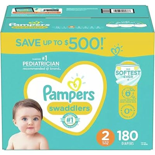 Pampers Swaddlers Diapers, Size 2 (12-18 Pounds), 180 Count