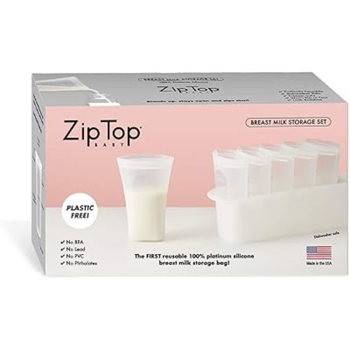 Zip Top Reusable 100% Platinum Silicone Breast Milk Storage, Made in The USA - Bag Set of 6 + Freezer Tray