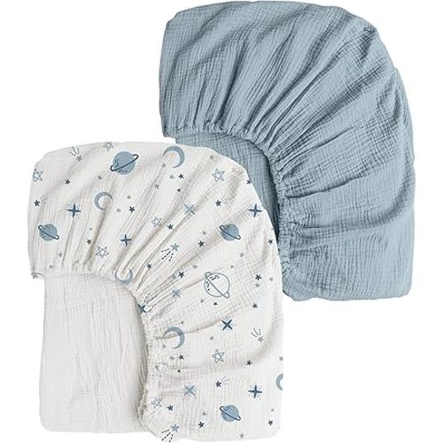 Konssy Muslin Crib Sheets 2 PCS 100% Cotton Baby Crib Sheets for Standard Crib Mattress (28"x 52"), Soft and Breathable for Boys, Girls (Star,Blue)