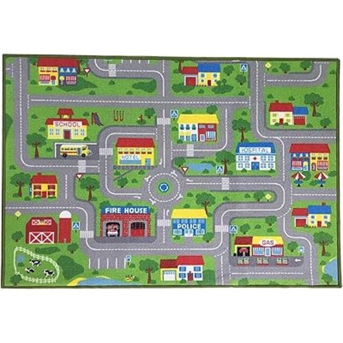 City Street Map Kids' Rug with Roads Kids Rug Play mat with School Hospital Station Bank Hotel Book Store Government Workshop Farm for Boy Girl Nursery Bedroom Playroom Classroom (39" X 51")