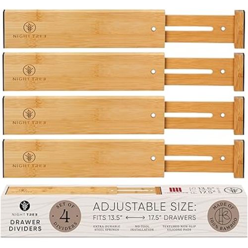 Night Tree Expandable Bamboo Drawer Dividers – Spring-Loaded Wooden Organizers for Clothes, Kitchen Utensils, Bathroom, and Dresser Drawers (13.5" to 17.5")
