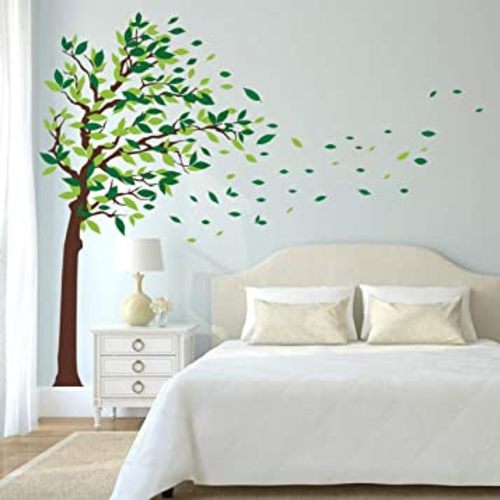 decalmile Green Tree Wall Stickers Flying Leaves Wall Decals for Home Living Room Bedroom Sofa Backdrop TV Wall Decoration (XL, H: 65 Inches)