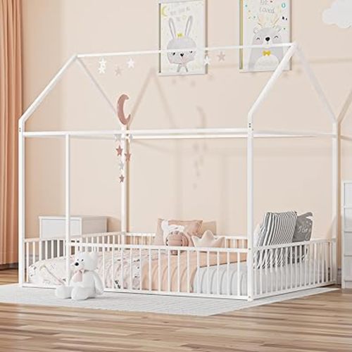 i-POOK Full Floor Bed for Child, Metal Montessori Bed with Safety Guardrails, House Shaped Floor Beds with Roof for Girls and Boys, No Slat, Easy Assembly, White