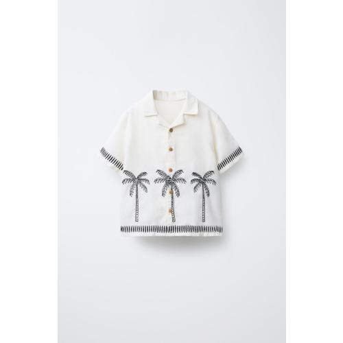 EMBROIDERED COTTON LINEN PALM TREE SHIRT - Ecru | ZARA United States
