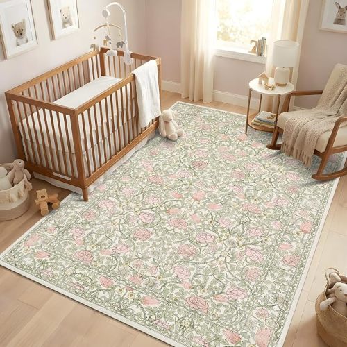 GarveeHome Pink and Green Vintage Floral Washable Rugs 5x7 for Living Room Boho Retro Botanical Rug Low Pile Stain Resistance Non Slip Carpet for Bedroom Nursery Dining Room
