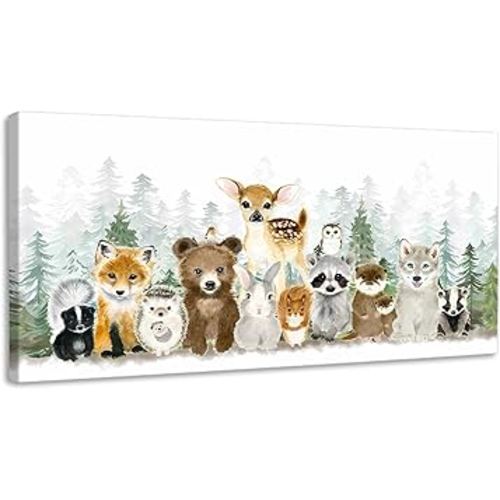 Woodland Animal Nursery Wall Art Watercolor Forest Baby Animal Nursery Wall Decor Printing Framed Fox Bear Deer Watercolor Poster Paintings Pictures for Boys Room Girls Room Home Decoration 12x24in