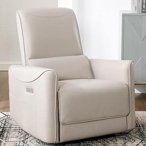 Glider Rocking Chair Nursery, Swivel Rocker, Power Recliner Chair, Nursery Glider Recliner with Adjustable Headrest, USB Ports, Living Room Chairs, Fabric (Beige)
