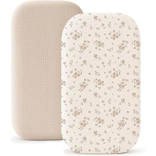 Konssy Muslin Fitted Bassinet Sheets 2 Pack for Baby Girl Boy, Soft Bedside Sleeper Bassinet Sheets Fit for Baby Bassinets, Moses Basket Oval Rectangle Pad/Mattress
