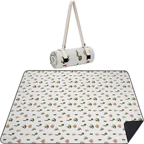 Picnic Blankets Washable | Beach Mat Sand Free Waterproof | Camping Blankets | Emergency Blankets | Picnic Baskets Accessories with Waterproof Backing and Shoulder Strap - Cactus