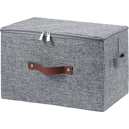 Storage Bins with Zipper Lid Cotton Linen Fabric Lidded Storage Baskets Boxes Foldable Washable Closet Shelf Clothes Organizer Container with PU Leather Handles (Gray, Large Size)