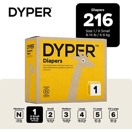 DYPER Baby Diapers Size 1 (216 Count) – Plant-Based, Hypoallergenic, Fragrance Free & Ultra Absorbent Disposable Diapers for Day and Overnight Skin Protection, Monthly Pack Size 1 Diapers
