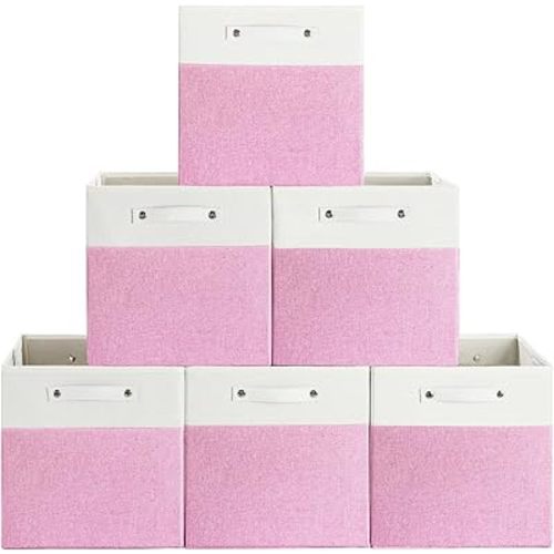 13 x 13 Inch Fine Linen Storage Bins with Handles，Fabric Cube Boxs，Collapsible Basket Organizers for Shelves for Home, Closet Drawers (White/Pink-6 Pack)