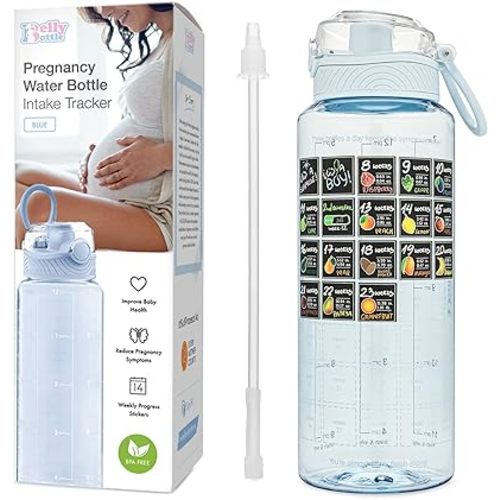 Pregnancy Water Bottle Tracker – Pregnancy Must Haves – Pregnancy Gifts for Expecting Mom – Pregnancy Essentials Nausea Relief – Weekly Stickers + Straw + BPA Free – Blue