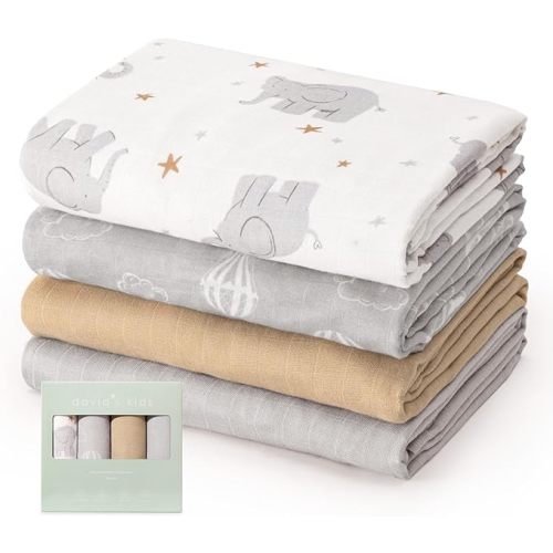 david's kids Muslin Swaddle Blankets, 4 Pack Organic Cotton Baby Blankets, Breathable Soft Receiving Blanket for Boys Girls, Newborn Essentials, Large 47 x 47 inches, Animal & Forest