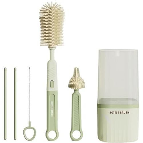 Bottle Brush Set - Baby Travel Essential - Bottle Cleaner Kit with Silicone Bottle Brush,Nipple Cleaner Brush,Straw Brush,Storage Box,Bottle Drying Rack for Home and Travel(Green)