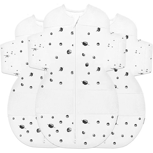 Happiest Baby SNOO Sleep Sack - 100% Organic Cotton Baby Swaddle Blanket - Doctor Designed Promotes Healthy Hip Development - 3-Pack Bundle (Ivory Planets, S, M, L)