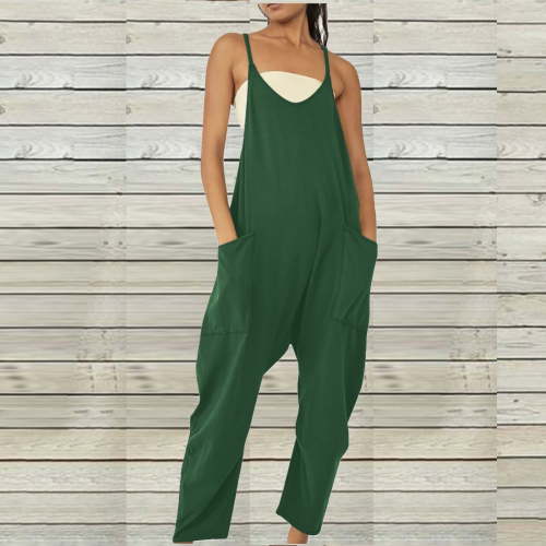 Women's Loose V Neck Jumpsuits Basic Spring Solid Color Sleeveless Spaghetti Strap Long Pants Harem Overalls with Pockets 2024 Clearance Sale Plus Size