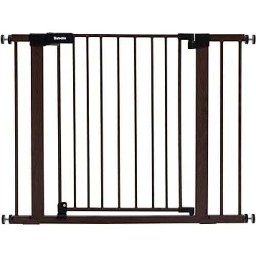 BABELIO 29-40" Metal Baby Gate with Black Wood Pattern, Auto Close Dog Gate for The House、Stairs and Doorways, Pressure Mounted Pet Gate with Door, with Wall Protectors and Extenders