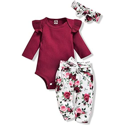 Aalizzwell Preemie Newborn Infant Baby Girls Clothes Ribbed Romper Bodysuit Pants Set Fall Winter Outfits