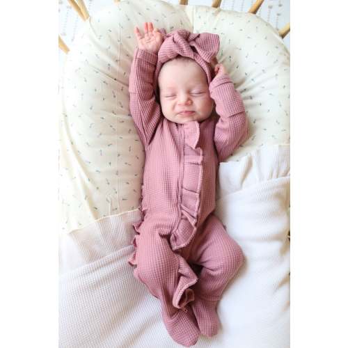 Organic Waffle Knit Ruffled Footie With Bow
