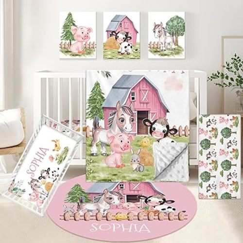 Personalized Baby Bedding Set, 5 Pcs Custom Baby Crib Set with Name, Double Layer Nursery Bedding Set, Soft Farm Animal Crib Bedding Crib Sets for Boy Girls Customized Gift for Toddler Infant