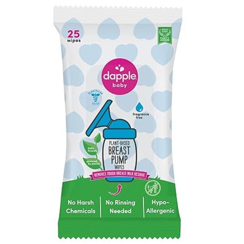 Breast Pump Wipes by Dapple Baby, Hypoallergenic & Powered by Plants, Removes Milk Residue, Leaves No Taste, Convenient Wipes Pouch, Fragrance Free, 25 Count (Pack of 1)