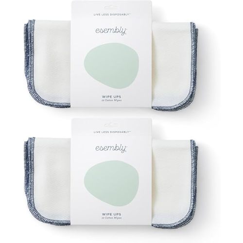 Esembly Wipe Ups, Organic Cotton Reusable Baby Wipes, Soft and Sturdy Washable Cloth Diaper Wipe, One Size, 2 x 12-pk (24 wipes)