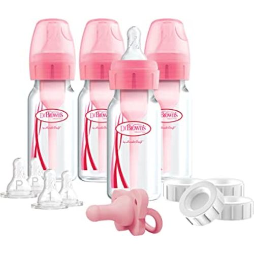 Dr. Brown’s Natural Flow® Anti-Colic Options+™ Narrow Breast to Bottle Pump & Store Feeding Set with Slow Flow Nipples, Baby Bottle Travel Caps and 100% Silicone HappyPaci™ One-Piece Pacifier, Pink