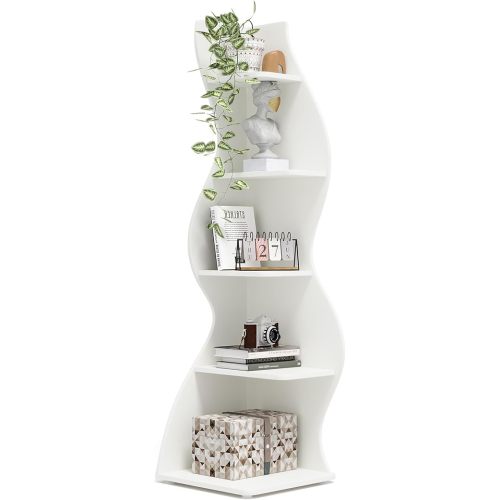 Tribesigns Corner Shelf, Modern 5-Tier Wall Corner Bookshelf, Stylish Corner Small Bookcase Storage Rack Plant Stand with Unique Shape for Living Room, Home Office, (1PC, White)