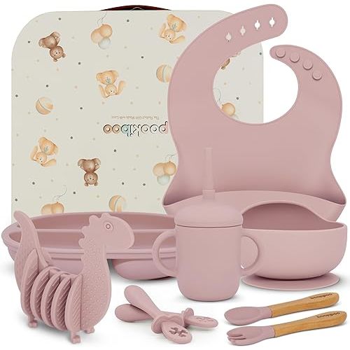 Baby Gift Basket for Girls, Boys, Gender Neutral, Baby Shower, Gender Reveal, Newborn, First Birthday - Beautiful Unique Baby Gift Set - 8 Piece Premium Silicone Feeding Set plus Toy Teether (PINK)