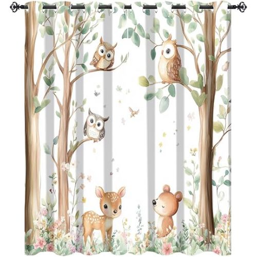 Abstract Cute Bear Deer Blackout Privacy Curtains Modern Cartoon Woodland Forest Floral Animal Owl Bedroom Insulated Noise Reducing Curtains 2 Panels 72" L x 31.5" W