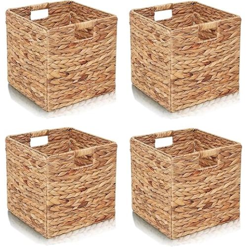 Water Hyacinth Storage Baskets,Woven Bins for Bathroom, Bedroom, Laundry, Pantry, Shelves,Set of 4 Foldable Cube Organizers,11.2"x11.2"x11.2"