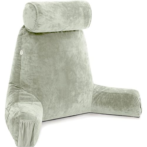Husband Pillow Medium Desert Sage, Backrest for Kids, Teens, Petite Adults - Reading Pillows with Arms, Adjustable Plush Memory Foam, Bed Rest Chair Sitting Up, Detach Neck Roll, Removable Cover